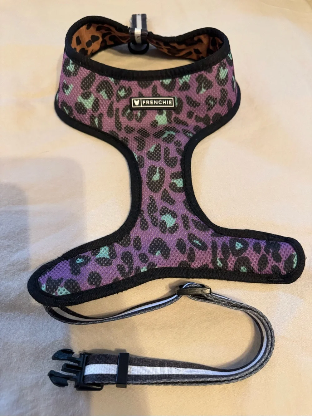 Frenchie brown and purple leopard reversible dog harness